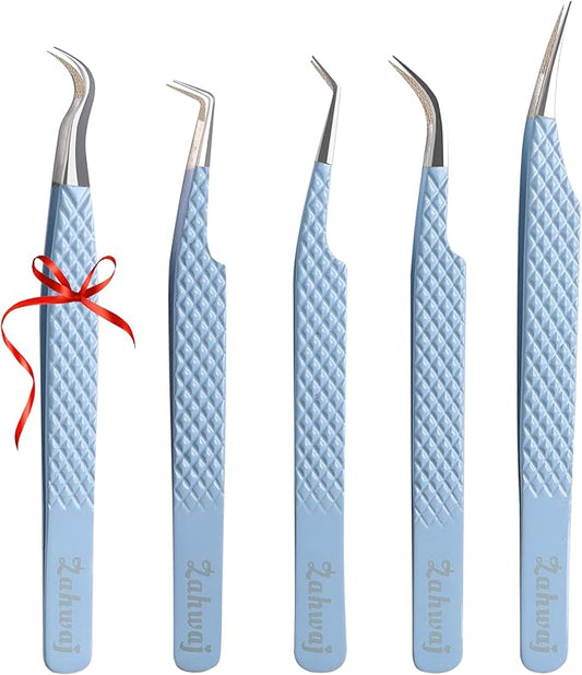 Lash Tweezers - Set of 5 Diamond Grip Eyelash Tweezers - Stainless Steel Professional Fiber Tip Lash Tweezer for Eyelash Extensions (Blue)