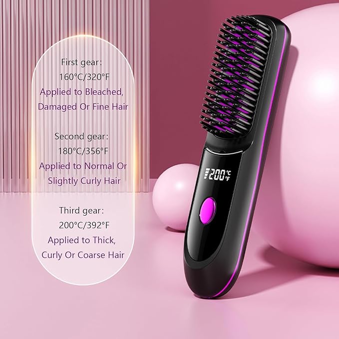 Go Brush Pro Hair Straightener – Cordless Comb with Negative Ion, 7400mAh Fast Heating & Portable Travel Design, Rechargeable Brush for Straightening and Curling (Red-1Pcs)