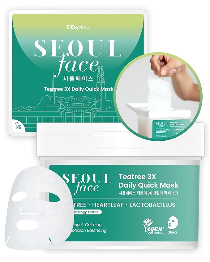DERMAL Seoul Face Tea Tree & Heartleaf Daily Sheet Mask, 36 Count Pull-Out Dispenser Box with Tweezers, Calming Care for Redness-Prone Oily Skin, Lactobacillus Ferment, Vegan Tencel
