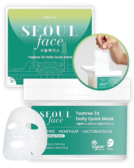 DERMAL Seoul Face Tea Tree & Heartleaf Daily Sheet Mask, 36 Count Pull-Out Dispenser Box with Tweezers, Calming Care for Redness-Prone Oily Skin, Lactobacillus Ferment, Vegan Tencel