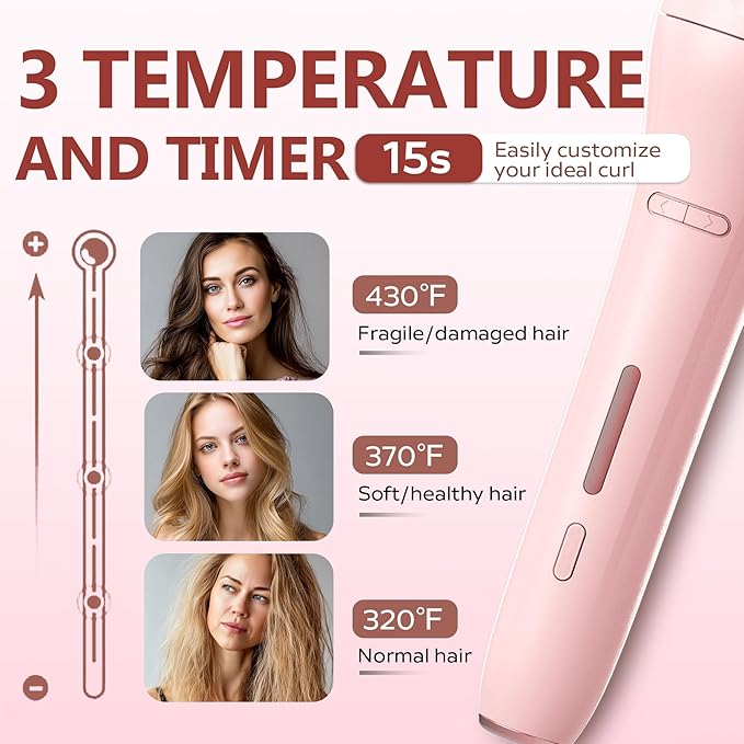 Automatic Rotating Curling Iron with 3 Temperature Fast Heating, Auto Hair Curler with Timer Settings, Anti-Tangle, Automatic Shut-Off and Scalding for Hair Styling, Pink
