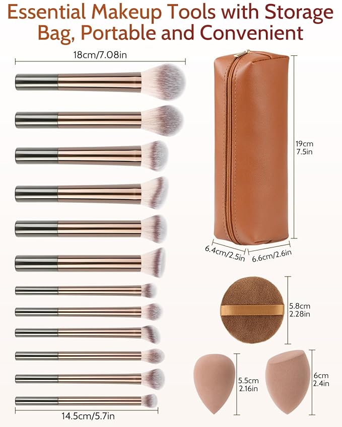 Makeup Brushes Set, 12 Pcs Multi-functional Cosmetic Brushes Tools Kit With 3 Makeup Sponges and Storage Bag, Soft Bristles are Suitable for Foundation, Concealer, and Eyeshadow (Brown)