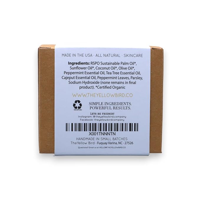 The Yellow Bird Peppermint Soap Bar with Tea Tree Oil - Handmade in USA with Natural, Organic, Vegan Ingredients (2 Bar Pack)