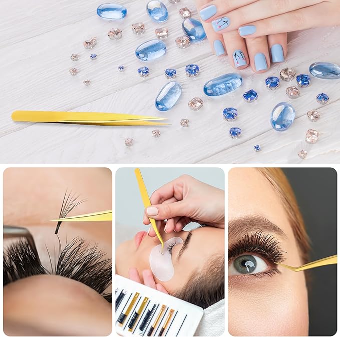 3 PCS Lash Tweezers for Eyelash Extensions, High Precision Gold Metal Tweezers Set Fiber Tip and Curved Isolation Tweezers Eyelash Extension Tools for Women Volume Lash, Crafting, Jewelry Making
