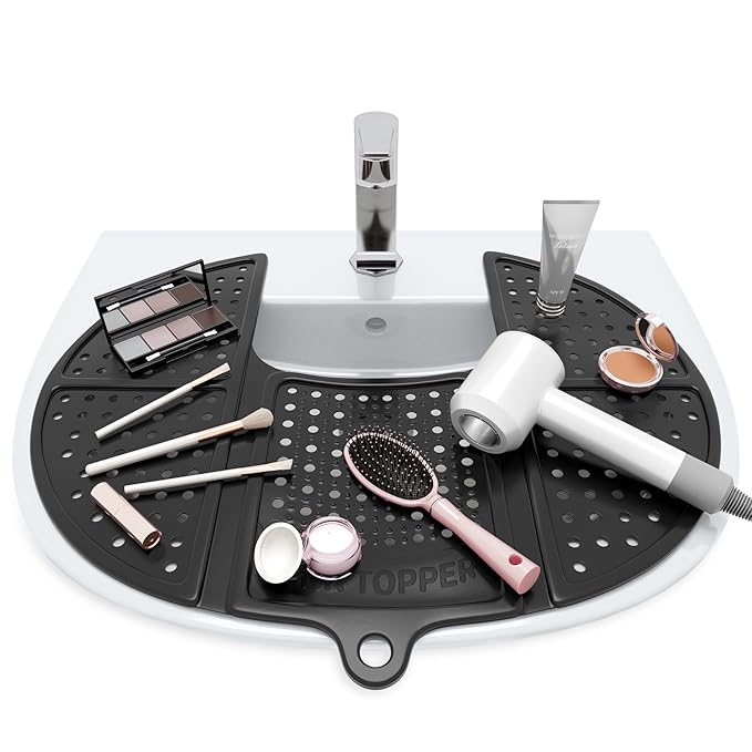 Sink Topper Bathroom Sink Cover for Counter Space & Storage Saver | RV Must Haves | Silicone Foldable Beauty Makeup Brush Cleaning Mat | Hot Tools Organizer | RV Sink Cover | Standard, Black