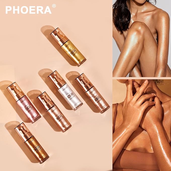 PHOERA Body Shimmer Oil,Waterproof Long Lasting Moisturizing Body Luminizer Glow, Illuminator Highlighter for Face with Makup Bursh, 1oz/Jars(2PCS 103 Glistening Bronze)