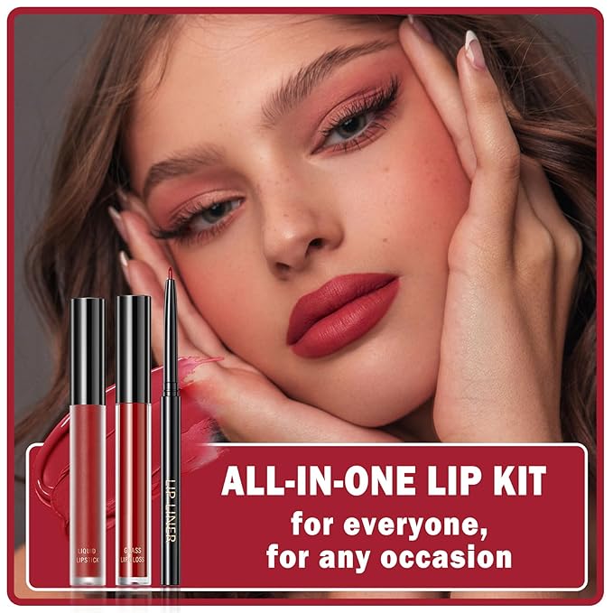 3 in 1 Red Lip Liner and Lip Gloss Lipstick Set for Women Waterproof Lip Liner and Lipstick Combo Long-lasting Smudge Proof Lip Kits Daily Professional Lip Makeup (06# Red High Heels)