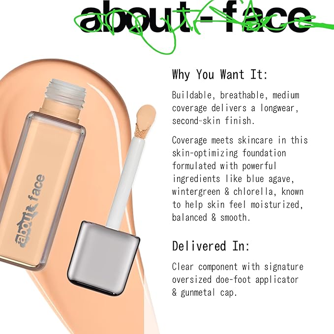 about-face THE PERFORMER Skin-Focused Foundation L2Peach – Medium Coverage, Long-Wear, Breathable & Buildable Base – Clean, Vegan, Hydrating Formula with Blue Agave & Chlorella – 1.08oz