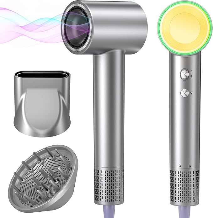 Hair Dryer, 150,000 RPM Brushless Motor, Ultra-Fast Drying with 3 Heat Settings & LED Lights, Negative Ion Technology, Quiet Lightweight Blow Dryer with Diffuser & Nozzle for Home, Salon, Travel Use