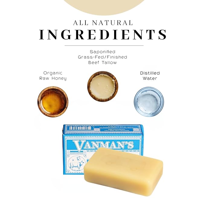VanMan Beef Tallow and Honey Bar Soap – Pure Grass-Fed Beef Tallow for Skin with Raw Honey & Distilled Water, Unscented Soap, Hydrating & Nourishing, Clean Ingredients, 3.8oz - 10 Pack