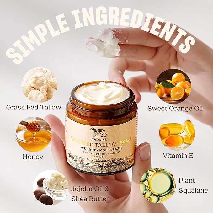 Whipped Beef Tallow for Skin–100% Grass-Fed Handmade Cream Moisturizer for Face & Body, Natural with Honey, Shea Butter, Jojoba Oil, Non-Greasy, Nourishing for Men, Women, Kids, 4 Oz (Sweet Orange)