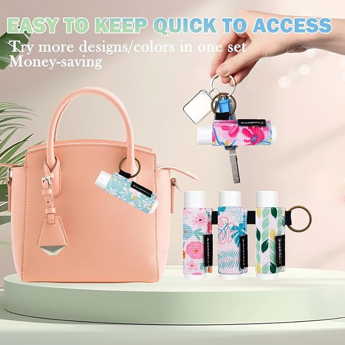 6PCS Lip Balm Holder Keychain Print Chapstick Holder Key chain Lipstick Holder Lip Gloss Sleeve -Tight Elastic Holder Sleeve for Fat and Slim Lip Balms