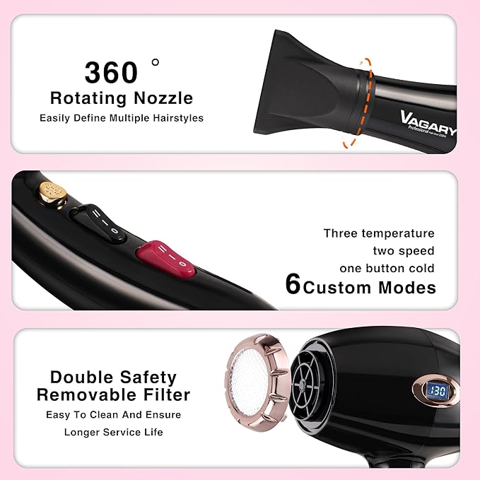 VAGARY Professional Salon 2200W Blower Dryer with Diffuser Concentrator Nozzles,Negative Ionic Blow Dryer,Low Noise Hair Dryers,2 Speeds and 2 Heat Settings 1 Cool Shot Button