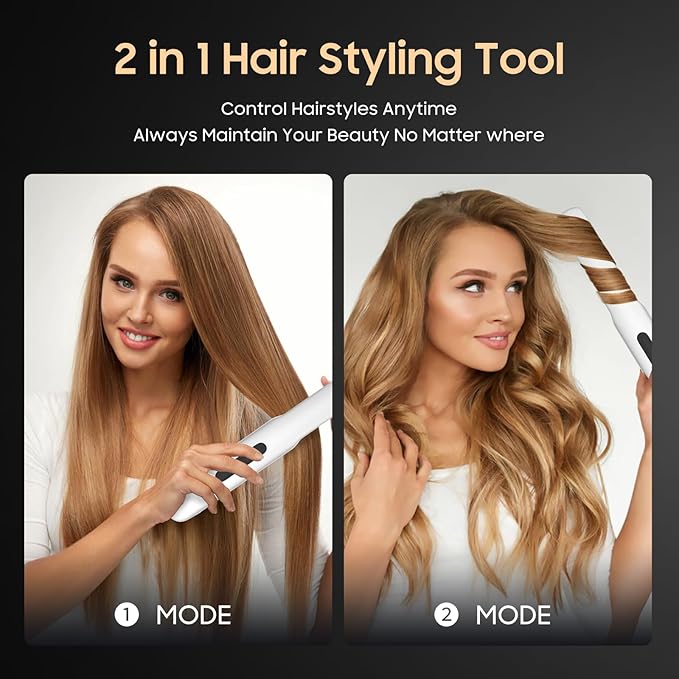 Cordless Hair Straightener and Curler, 2 in 1 Portable Mini Flat Iron & Curling Iron, Fast Heating & Titanium Plate Straightener with 4 Adjustable Temp,Travel Size Preferred Gifts (White)