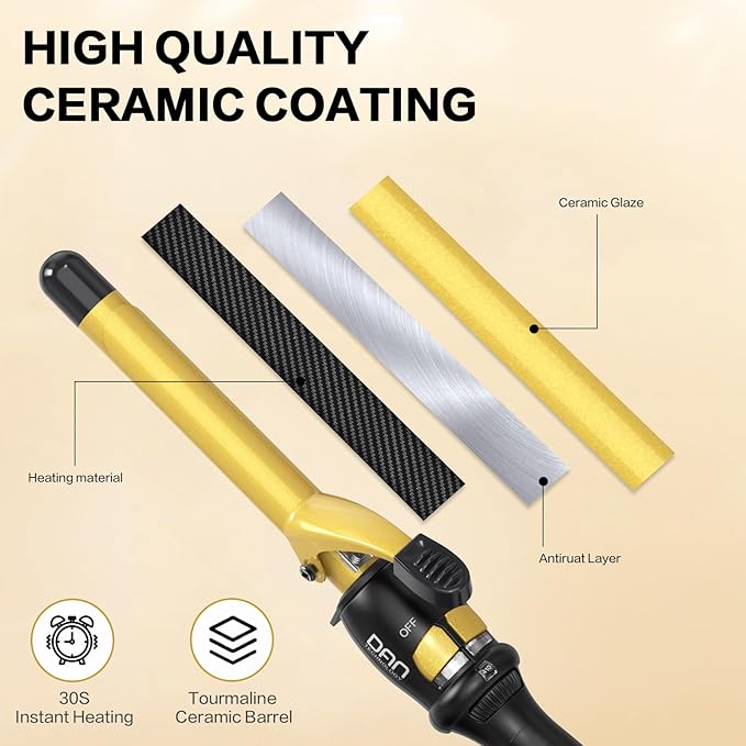 DAN Technology 3/4 Inch Curling Iron Wand for Classic Natural Curls, Tourmaline Ceramic Hair Curler with 180°F–430°F Adjustable Temperature, Fast Heating, Dual Voltage, Auto Shut-Off, Black & Gold