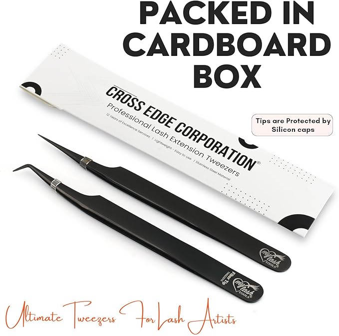 My Lash Tools Fiber Tip Lash Tweezers for Eyelash Extension Curved 90 Degree Angle Boot Tweezer Best for Volume, Individual Isolation & Classic Lashes Stainless Steel Lash Supply (Black 2x Set)