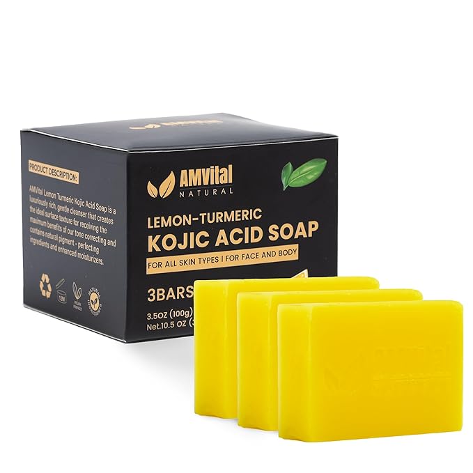 AMVital Lemon Turmeric Kojic Acid Soap Bar - 3-Pack Plant-Based Face & Body Bar Soap - Gentle Daily Soap for All Skin Types - Vegan Skincare Gift for Men & Women