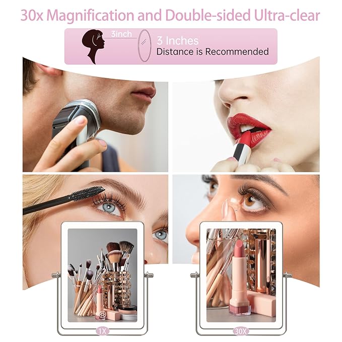 FASCINATE 5000mAh Rechargeable Wall Mounted Makeup Mirror, Bathroom Mirror Rectangle 8.7" Double Sided Touch Switch 1X 30X Magnifying, 3 Color Setting, Extended Arm 360° Swivel Foldable Nickel