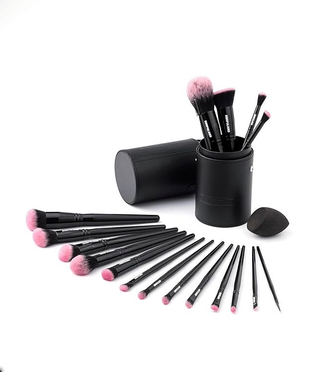 18-Piece Vegan Makeup Brush Set – Black & Pink Case, Soft Synthetic Bristles, Cruelty-Free, Ideal for Liquid, Powder, Cream & Bronzer; Includes Kabuki, Blender, Blush & Eyeshadow Brushes