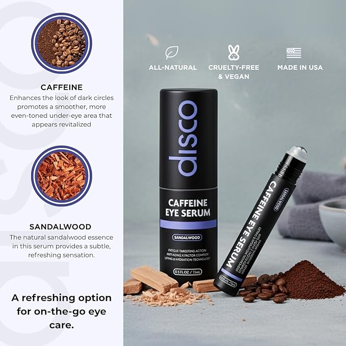 Disco Eye Serum, 12% Caffeine 8% Hyaluronic Acid, Niacinamide Peptides, Puffy Bags Fine Lines Dark Circles Wrinkles, Sandalwood - Hydrating Vitamin C 360° Roller Massage Ball Anti-Aging Cream 0.5oz