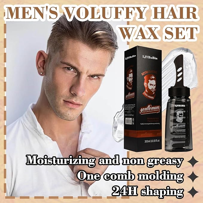 Mens Hair Styling Gel Kit with 2 Combs,Mens Grooming Fluffy Hair Salon Gels Wax Set,Moisturizing Long Lasting Non-Greasy Fast Build Hair Wax for Men