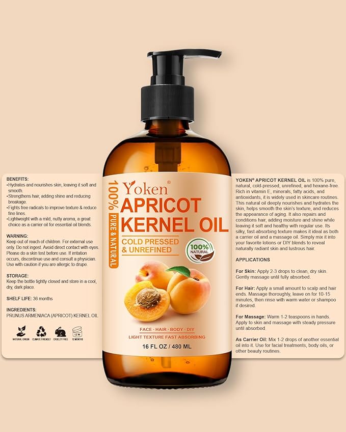 Cold Pressed Apricot Kernel Oil 16 fl oz Glass Bottle - Single Ingredient 100% Pure and Natural Apricot Oil, Lightweight Carrier & Massage Oil for Skin & Hair, Unscented & Hexane Free