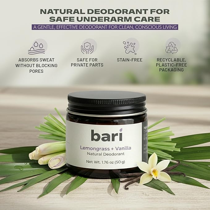 Bari Lemongrass Vanilla Deodorant – 50g Natural Aluminum-Free Deodorant for Long-Lasting Freshness, Sensitive Skin Friendly, Vegan & Cruelty-Free Personal Care