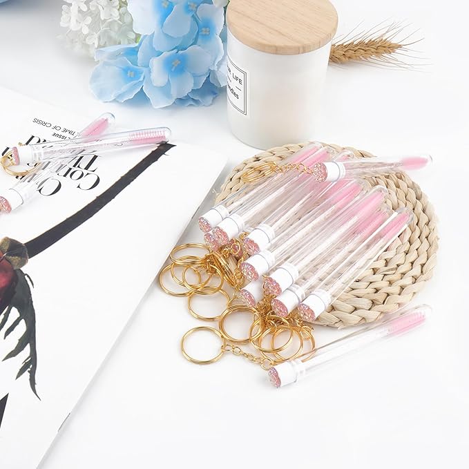 20pcs Mascara Wands Set Includes Crystal Eyelash Spoolies Eyebrow Brush and Reusable Diamond Key Chain Tube Eyelash Extension Supplies (Pink)