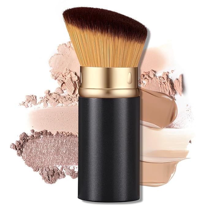 Retractable Kabuki Makeup Brush - Portable Travel Face Brush with Cover, Soft Synthetic Bristles for Blush, Bronzer, Powder, Foundation & Sunscreen, Flawless Application On-the-Go (Black)