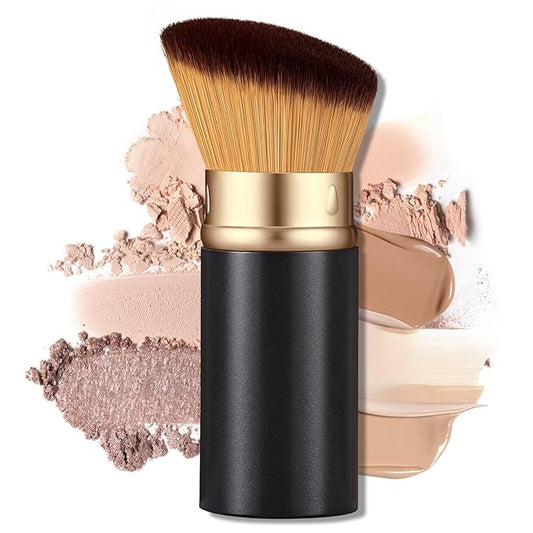 Retractable Kabuki Makeup Brush - Portable Travel Face Brush with Cover, Soft Synthetic Bristles for Blush, Bronzer, Powder, Foundation & Sunscreen, Flawless Application On-the-Go (Black)