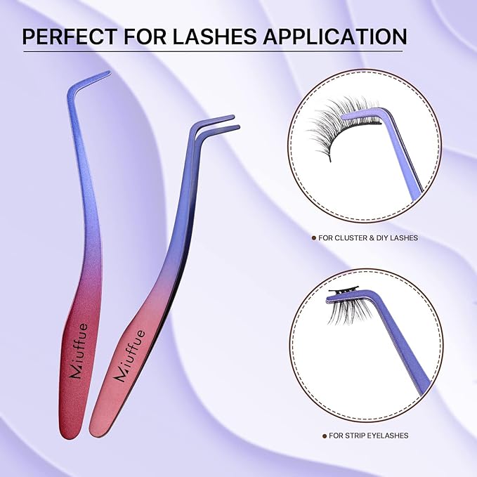 Lash Applicator Tool DIY Eyelash Applicator Stainless Steel Curved Eyelash Tweezers for Cluster Lashes, Purple Gradient