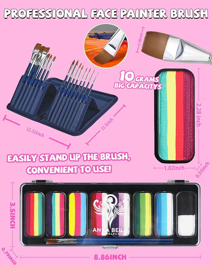 Anka Bella Professional Face Painting Kit for Kids,8X10gm Water Based Split Cake Face and Body Paint with Brushes,Hypoallergenic & Non-Toxic,Gift for Birthday Parties/Halloween/Carnival