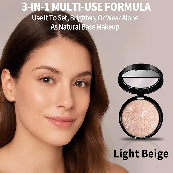 Baked Luminous Pressed Powder–Glow-Infused Foundation,Highlighter & Setting Powder in One–Color-Correcting,Oil-Control,Long-Lasting Coverage for All Skin Tones 03