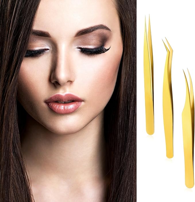 3 PCS Lash Tweezers for Eyelash Extensions, High Precision Gold Metal Tweezers Set Fiber Tip and Curved Isolation Tweezers Eyelash Extension Tools for Women Volume Lash, Crafting, Jewelry Making