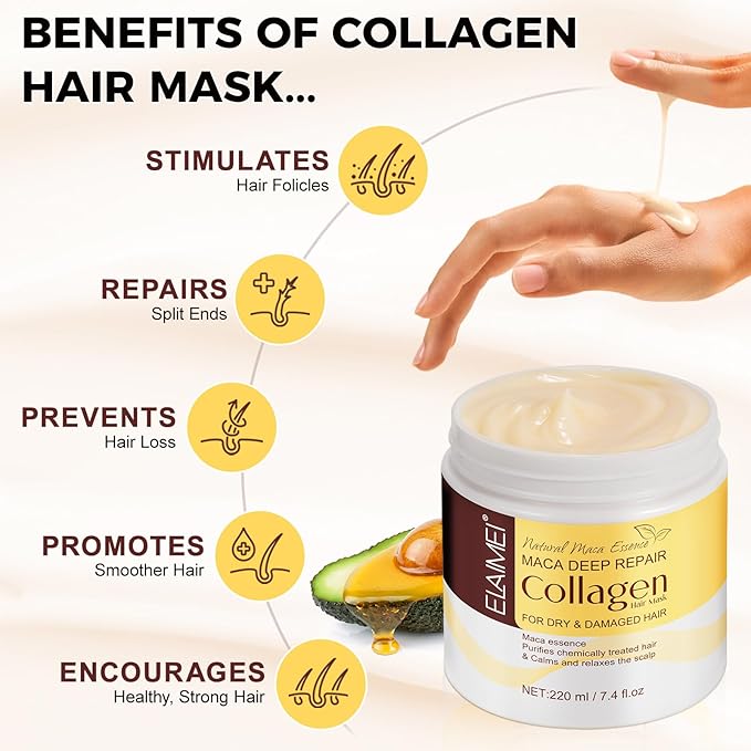 Collagen Hair Treatment Mask - 7.4 FL OZ,Deep Hydration & Repair for Dry, Damaged Hair, Natural Collagen Mask for Hair Treatment, Contain Collagen, Maca, Avocado Oil for All Hair Types