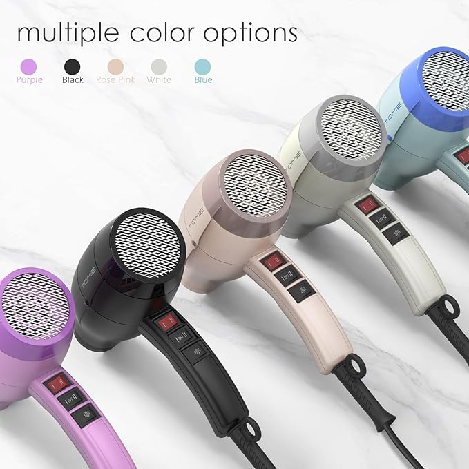 TOME Hair Dryer with Diffuser Blow Dryer Ionic 1875W Cool Shot Curly Hair Teeth Comb Nozzle attachments Light Weight Low Noise Fast Dry Blue