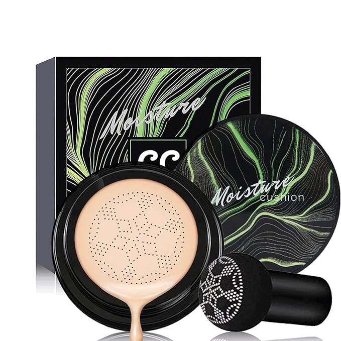 Mushroom Head Air Cushion CC Cream Nature Foundation, Moisturizing BB Cream Long Lasting Matte Concealer, Bright Makeup Base Long Lasting with Mushroom Makeup Sponge (#02 Natural)