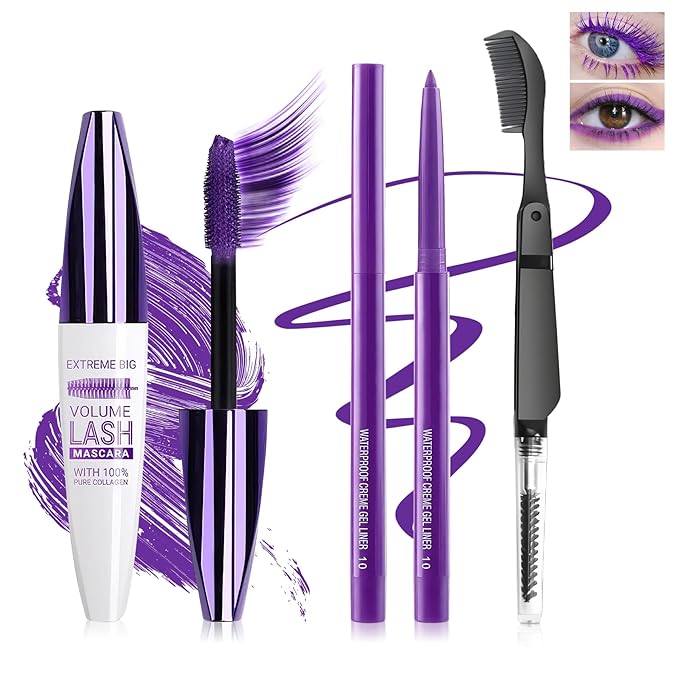 Purple Mascara and Eyeliner Set,5D Colored Mascara Volume and Length Waterproof,Natural Curling rimel de pestañas,Suitable for Women Eye Makeup