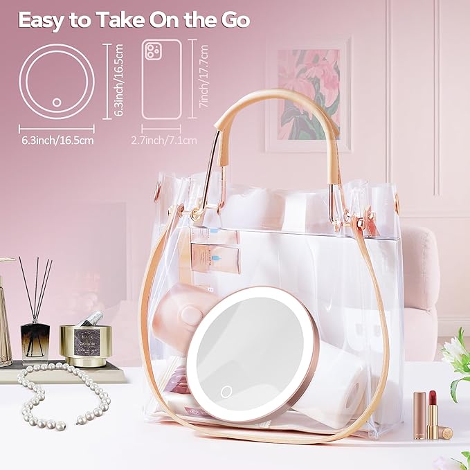30X Magnifying Mirror Suction Cup, 6" Makeup Mirror with Lights, Rechargeable Travel Mirror with 3 Color Dimmable Lights for Precision Makeup, Fits Bathroom/Wall Suction/Hanging, Rosegold