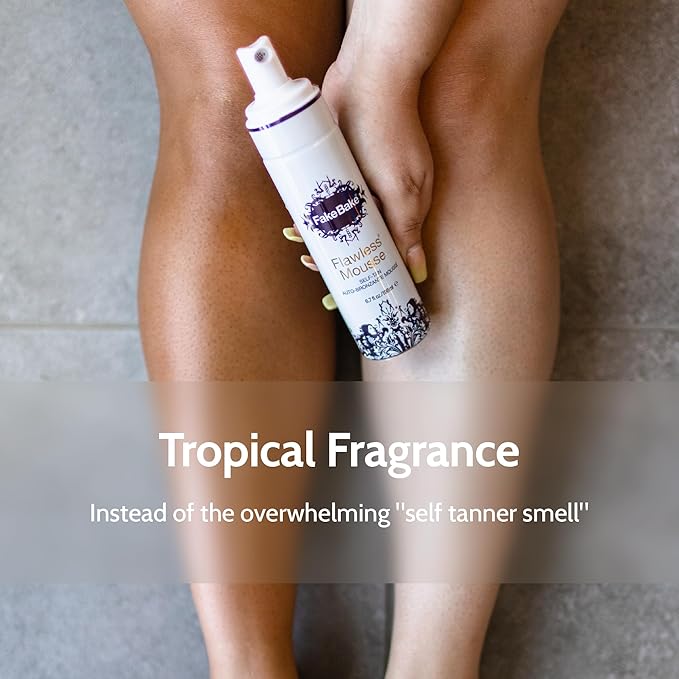 Fake Bake Flawless Self Tanning Mousse Streak-Free, Long-Lasting Natural Glow For All Skin Tones Women & Men - Sunless Tanner Includes Mitt For Easy Application, Black Coconut Scent - 6.7 oz