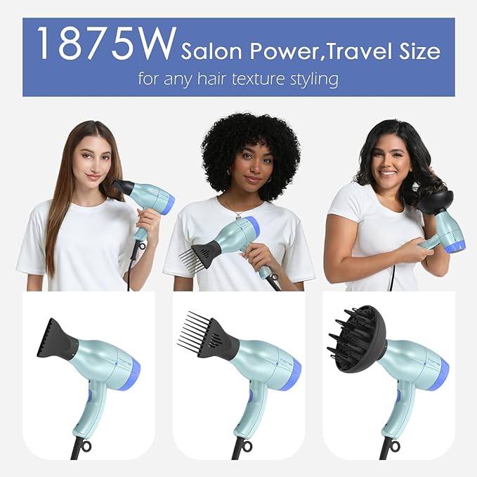 TOME Hair Dryer with Diffuser Blow Dryer Ionic 1875W Cool Shot Curly Hair Teeth Comb Nozzle attachments Light Weight Low Noise Fast Dry Blue