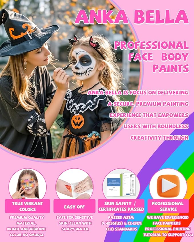 Anka Bella Professional Face Painting Kit for Kids Adults,Water Activated Split Cake Face Paint(12x10gm),Non-Toxic Face Paint Palette for Birthday Parties/Halloween/Carnival
