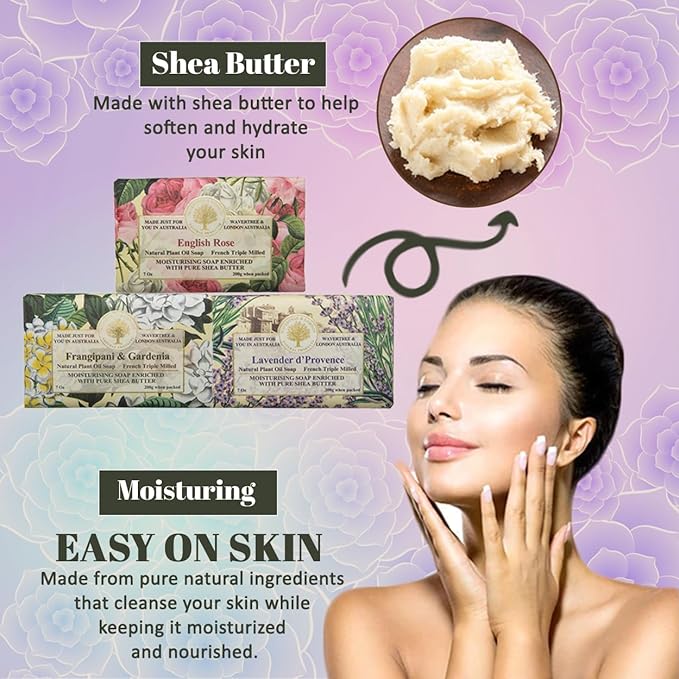 Wavertree & London Trio Gift Box (3 Bars) - 7oz Lavender, English Rose, Frangipani Gardenia Scented Moisturizing Triple Milled Natural Soap Bars - Pure Plant Oil Soap Bars for All Skin Types