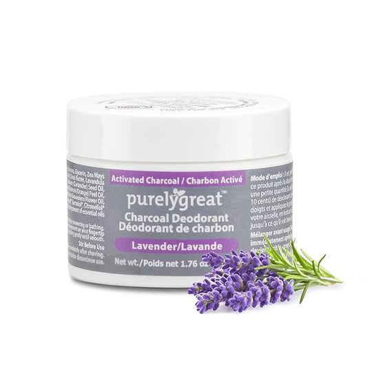 Purelygreat - Lavender Scented Charcoal Deodorant Cream, Chemical-Free Hygiene Essentials for Women, Natural Deodorant for Men Made with Activated Charcoal, Soda & Essential Oils, 1.76 oz / 50 g