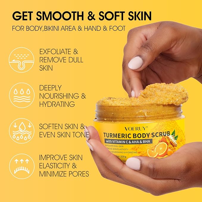 Body Scrub,Turmeric Exfoliating Body Scrub with AHA & BHA, Gentle Body Exfoliator with Vitamin C for Body Hand Foot Bikini Area - 11.3oz