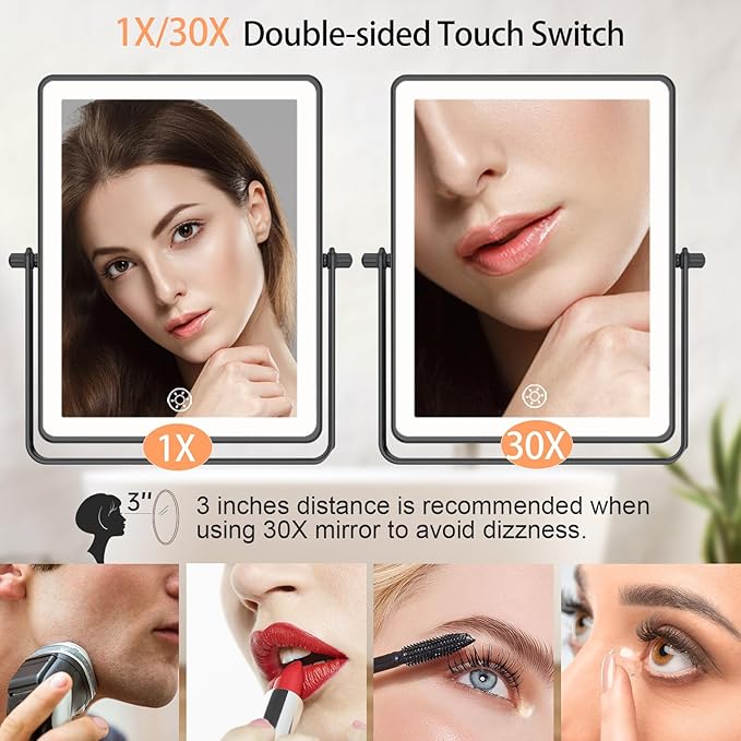 FASCINATE 5000mAh Rechargeable Wall Mounted Makeup Mirror, 8.7" Double Sided Touch Switch 1X 30X Rectangle Magnifying Mirror with Light, 3 Color Setting, Extended Arm 360° Swivel Foldable Black