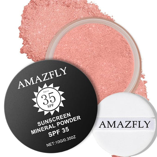 Mineral Powder Blush, SPF 35, Talc-Free Lightweight Loose Powder for a Natural Glow & Shimmer Finish - Medium Coverage, Skin-improving (#07 Shine Rose Blush Makeup)
