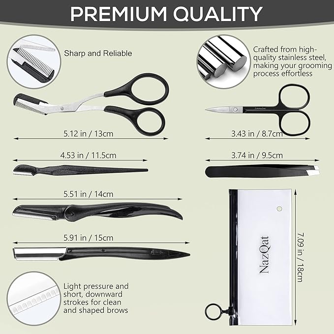 NAZQAT Eyebrow Grooming Kit for Women & Men for Eyebrow Trimming, Shaping, and Exfoliating - Includes Eyebrow Tweezers, Eyebrow Razor Tools, Eyebrow Scissors (Pack of 6)