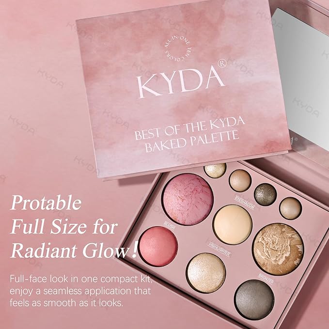 KYDA Best Of The Baked Makeup Palette, 10 Colors Full Size Baked Palette Includes 2 Bronzer, 2 Blush, 2 Highlighters and 4 Eyeshadows, Travel-Friendly Baking Makeup, Highly Pigmented, Long-Wearing