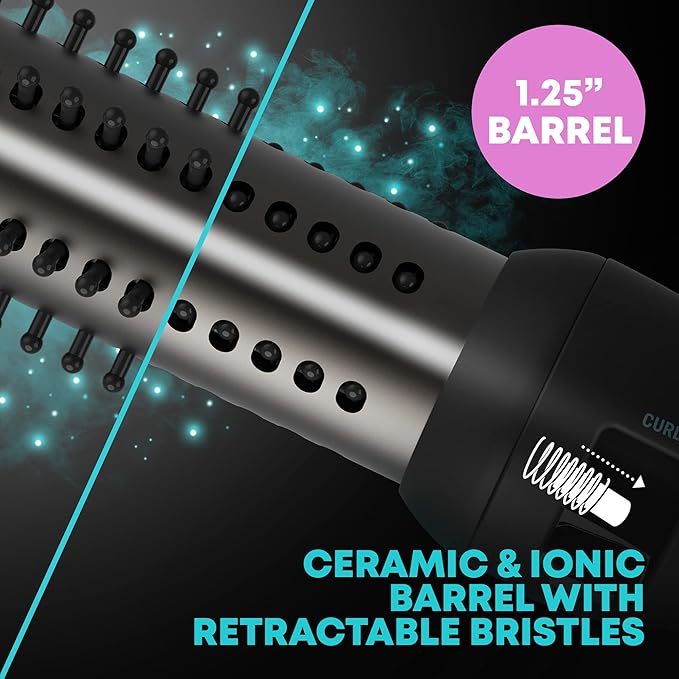Revamp Progloss Volume & Wave Ceramic Heated Brush – Curling Iron Brush with Retractable 1.25” Bristles, Ceramic Barrel Infused with Progloss Oils for Frizz-Free Shine – Auto-Off & 9’ Swivel Cord